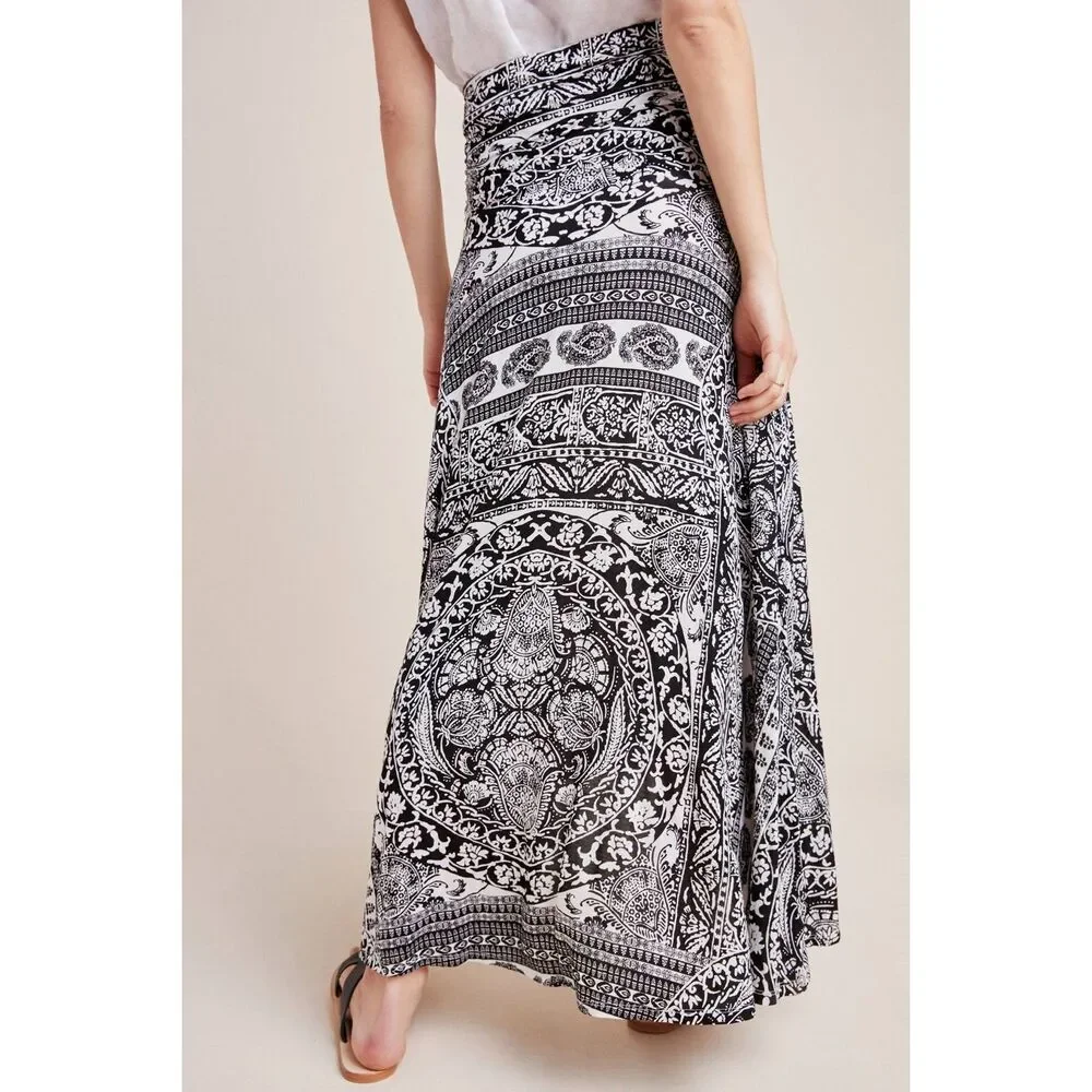 Anthropologie Maeve Issa Maxi Skirt in Black and White Print Size L